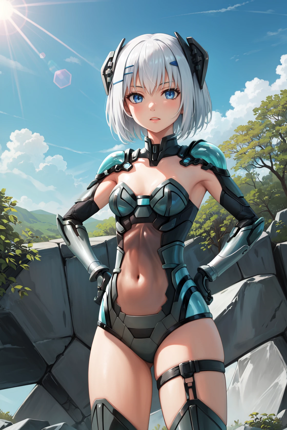 masterpiece, best quality, highres,
OrigamiDef, 1girl, solo, white hair, short hair, bangs, blue eyes, small breasts, breasts, hair ornament, tobiichi origami,
thighhighs, gloves, boots, black gloves, elbow gloves, sword, armor, leotard, see-through, covered navel, skindentation, thigh strap, headgear, thigh boots, shoulder armor, armored boots, grey thighhighs, grey leotard,
cowboy shot, looking at viewer, hands on hips, outdoors, forest, field, sky, blue sky, sunlight, <lora:Tobiichi:1>