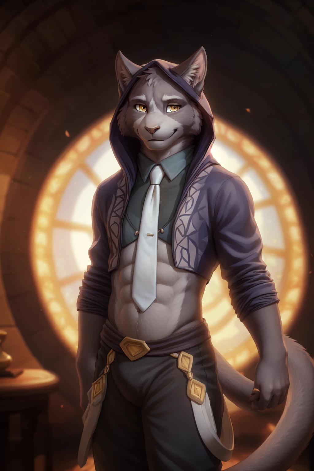<lora:tate-05:1>, tate, solo, amber eyes, cat tail, (posing:1.3), (soft shading), 4k, hi res, ((detailed face, detailed)), by zackarry911, by zaush, (by personalami:0.5), looking at viewer, smile, 1boy, male focus, necktie, hood, abs, magic circle
