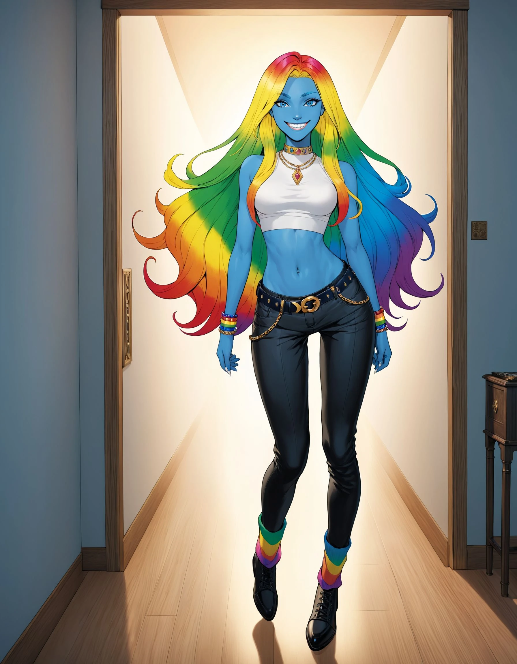 Pride Comics Style, 1girl, solo, long hair, looking at viewer, smile, blonde hair, shirt, indoors, navel, jewelry, very long hair, full body, midriff, belt, pants, bracelet, crop top, colored skin, blue skin, thigh gap, monster girl, sharp teeth, grin, rainbow hair, traditional media, cinematic angle, cinematic lighting, foreshortening, depth of field, detailed background, masterpiece, best quality , official art , <lora:PrideComicsSDXLTEST:0.8>