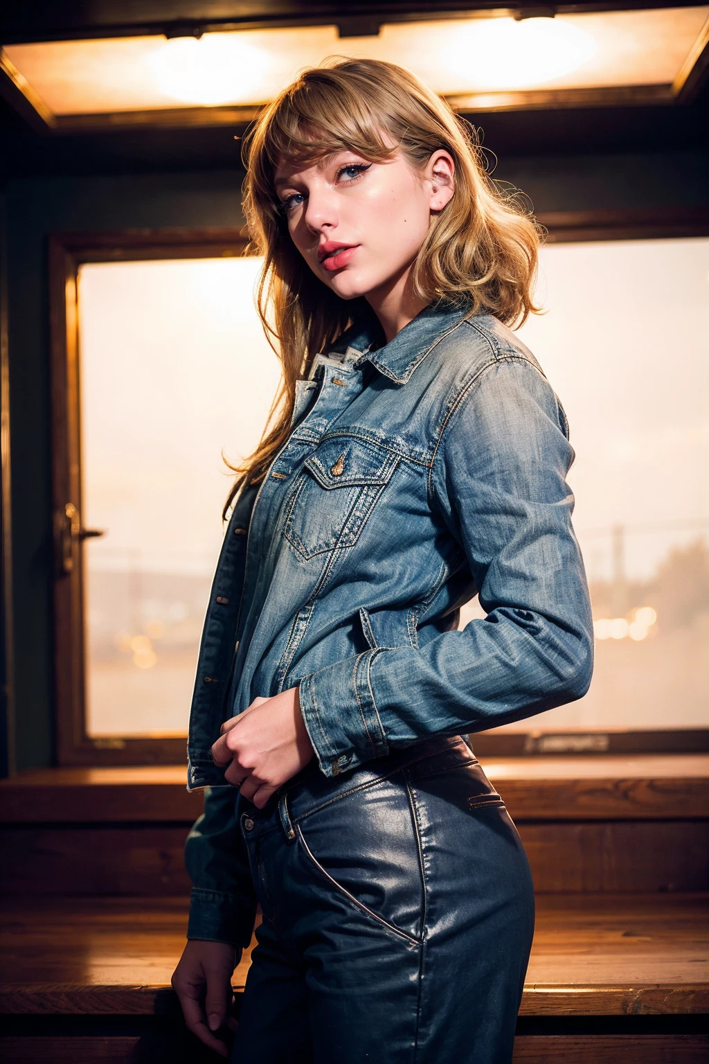 taylorswift, a woman wearing denim jacket and cargo pants, basement, (edge lighting:0.5), lipstick <lora:taylorswift:1>