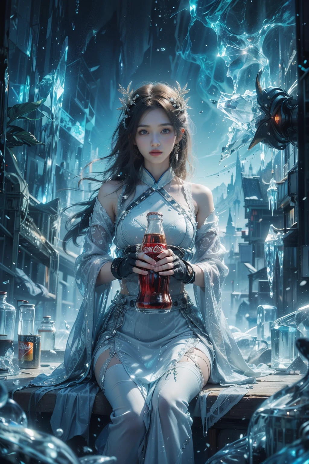 (1girl:1.3),cowboy shot,hanfu,holding,kekokelev2,ice,bottle,scenery,crystal,coca-cola,Best quality,masterpiece,ultra high res,<lora:20231217-1702820058385-0020:0.5:stop=6>,<lora:éæ³æè£
:0.3:stop=6>,norfleet123123, draped, glowing, magic, stunning, royal, light, detailed, pretty, perfect, delicate, focused, cinematic, winning, symmetry, fine detail, elaborate, enhanced, clear, inspired, beautiful, famous, best, gorgeous, striking