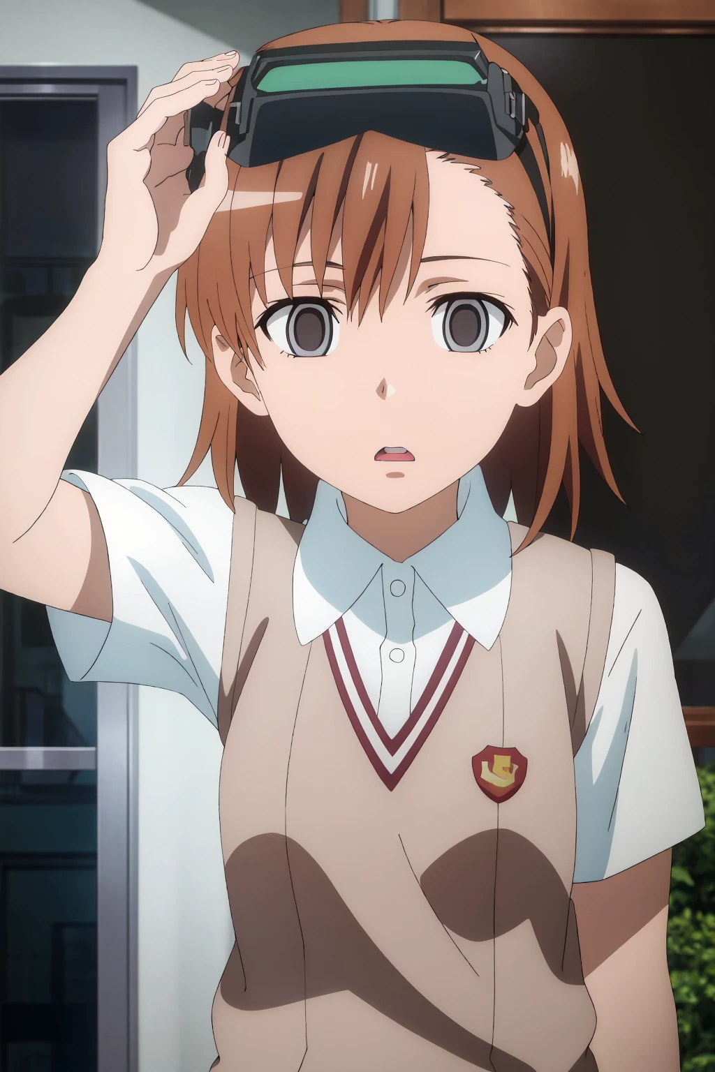 ((best quality)),((highly detailed)),masterpiece,absurdres,detailed face,beautiful face,(detailed eyes, deep eyes),1girl,((dynamic pose)) <lora:Misaka_10032V1:0.9>Misaka_10032, empty eyes, solo, brown hair, school uniform, brown eyes, tokiwadai school uniform, head-mounted display, window, sweater vest, short hair, indoors, upper body, open mouth <lora:animemix_v3_offset:1>