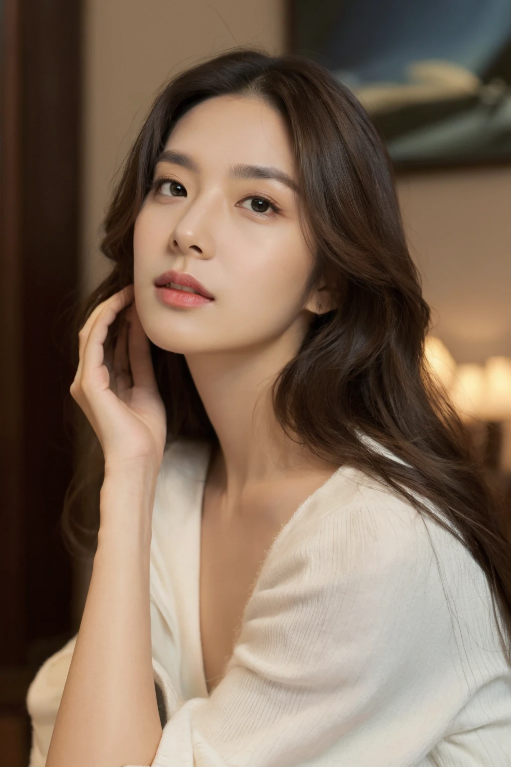 (masterpiece:1.35), (best-quality:1.4), 8k, ultra-detailed, photography, (ultra-realistic:1.4), 1girl, (portrait), (in love, in love expression:0.7), looking at viewer, (brown eyes:1.2), (long hair), deep v dress, room, (balanced photo, balanced exposure:1.2), <lora:clarityAndTuningSkin_v3:1>