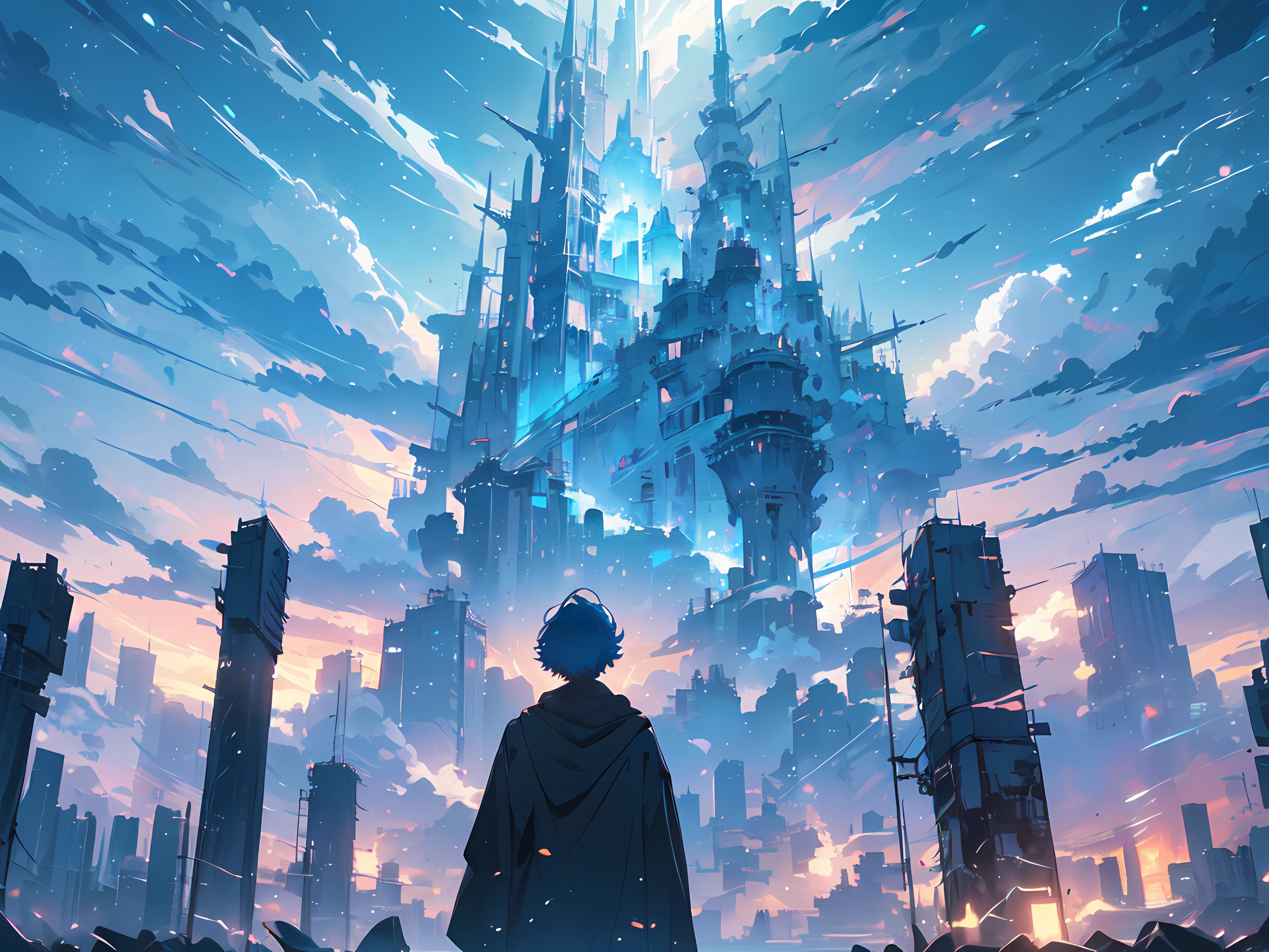 A person gazing up at a mesmerizing sky filled with vibrant colors, intricate light patterns, and floating elements. The sky is dominated by blues and whites, with touches of other colors creating a dreamlike atmosphere. The person is silhouetted against this backdrop, adding a sense of scale and awe to the scene.
4K, Detailed, dynamic.
,DreamLensSTL, DreamColor