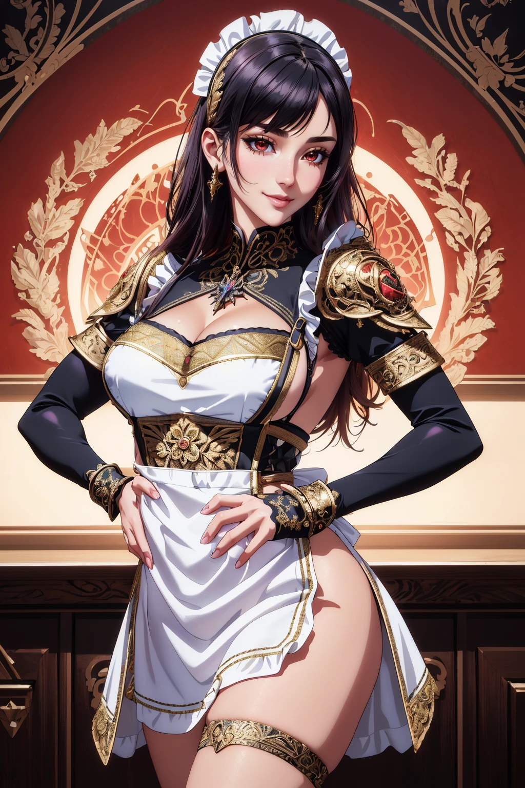 ((masterpiece,best quality,edgQuality)),(smile),standing,posing,
1girl,solo,edgLnF, golden embroidery, pauldrons,wearing edgLnF,edgApron, a woman in a maid apron,wearing edgApron
<lora:edgLnFApronsv1:1>