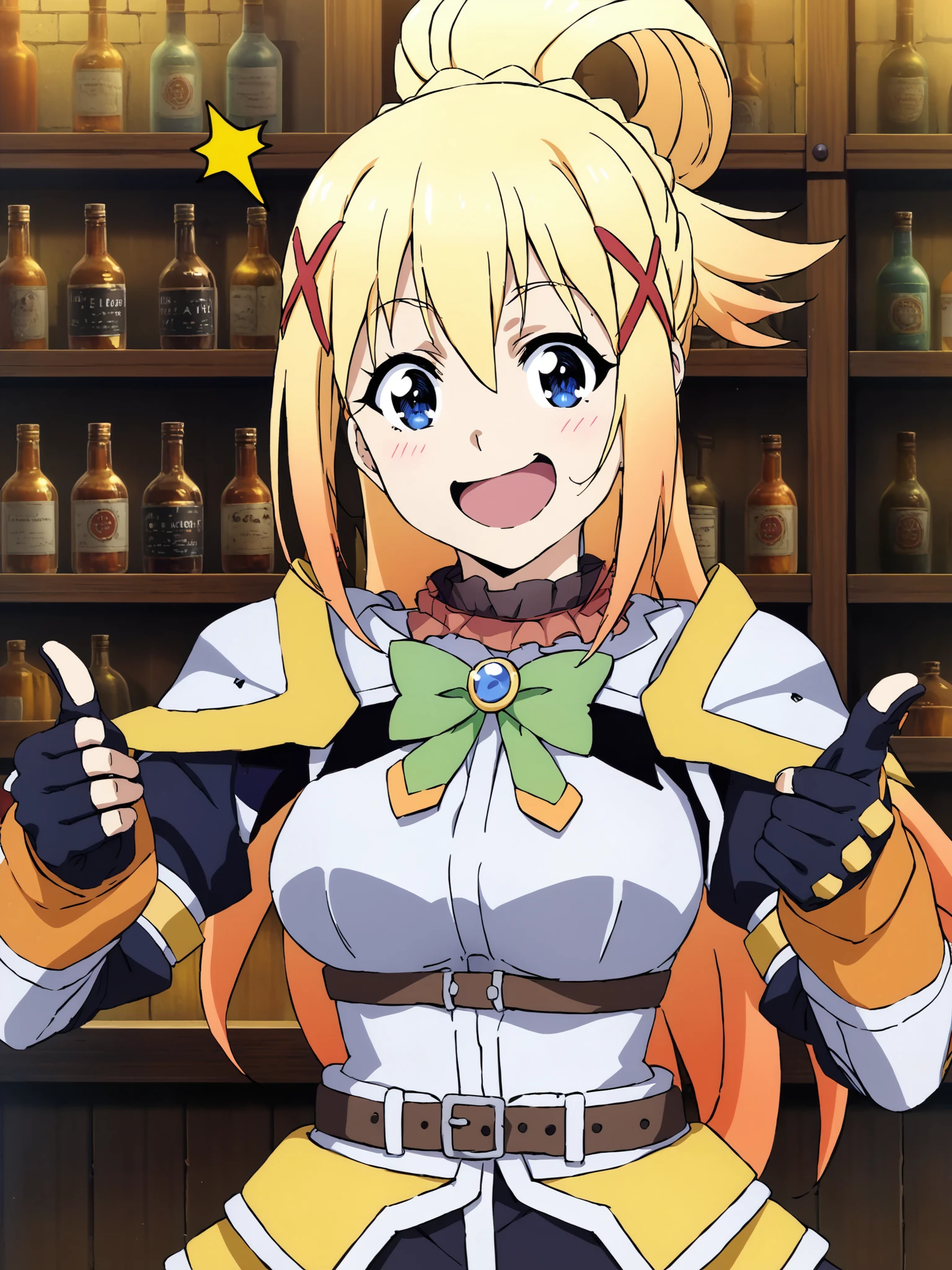 score_9, source_anime, 1girl, official art, darkness \(konosuba\), standing, happy, upper body, thumbs up, body armor, facing viewer, bar, <lora:MeMaXL_V2:0.8>