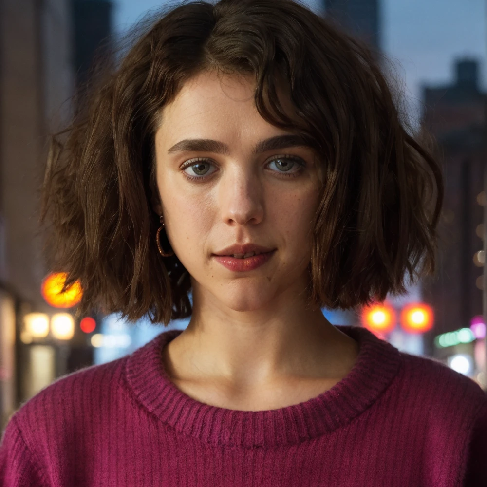 marqual,medium length curly bob hair,(face close-up),city street background,sweater,masterpiece,bokeh,dof,highly detailed,night,neon lights