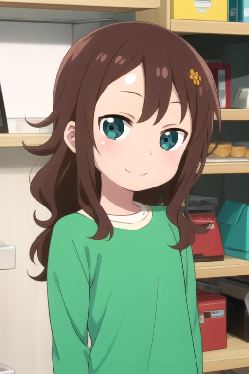 ((masterpiece)),(best quality),official art,extremely detailed CG,unity 8k wallpaper,ultra detailed,beautiful detailed eyes,extremely detailed face,shop,1girl,solo,upper body,(portrait:1.5),looking at viewer,facing viewer,(petite:1.2),smile,long_hair,brown_hair,hair_flower,hair_ornament,bangs,green_eyes,blue_eyes,green_shirt,long_sleeves,red_skirt,pleated_skirt,white_socks,loafers,<lora:Riko Saikawa(kscnm)>,