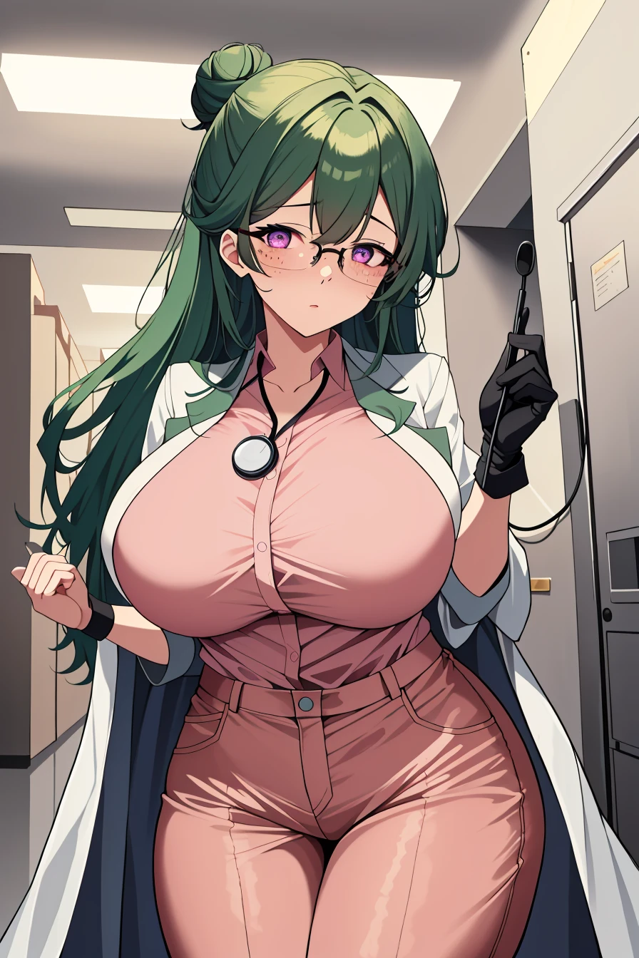 ((masterpiece, best quality, high quality)),1girl,<lora:infirmary_v0.1:0.5> (infirmary), <lora:Camilla Kloudiam:0.7> (camilla kloudiam, ocg:0001, 1girl, green hair, glasses, pink eyes, freckles, single hair bun, large breasts, mature female), <lora:brwn_doctor_uniform:0.8> (bwn_doc_unif, blue gloves, pink shirt, labcoat, stethoscope,latex pants),