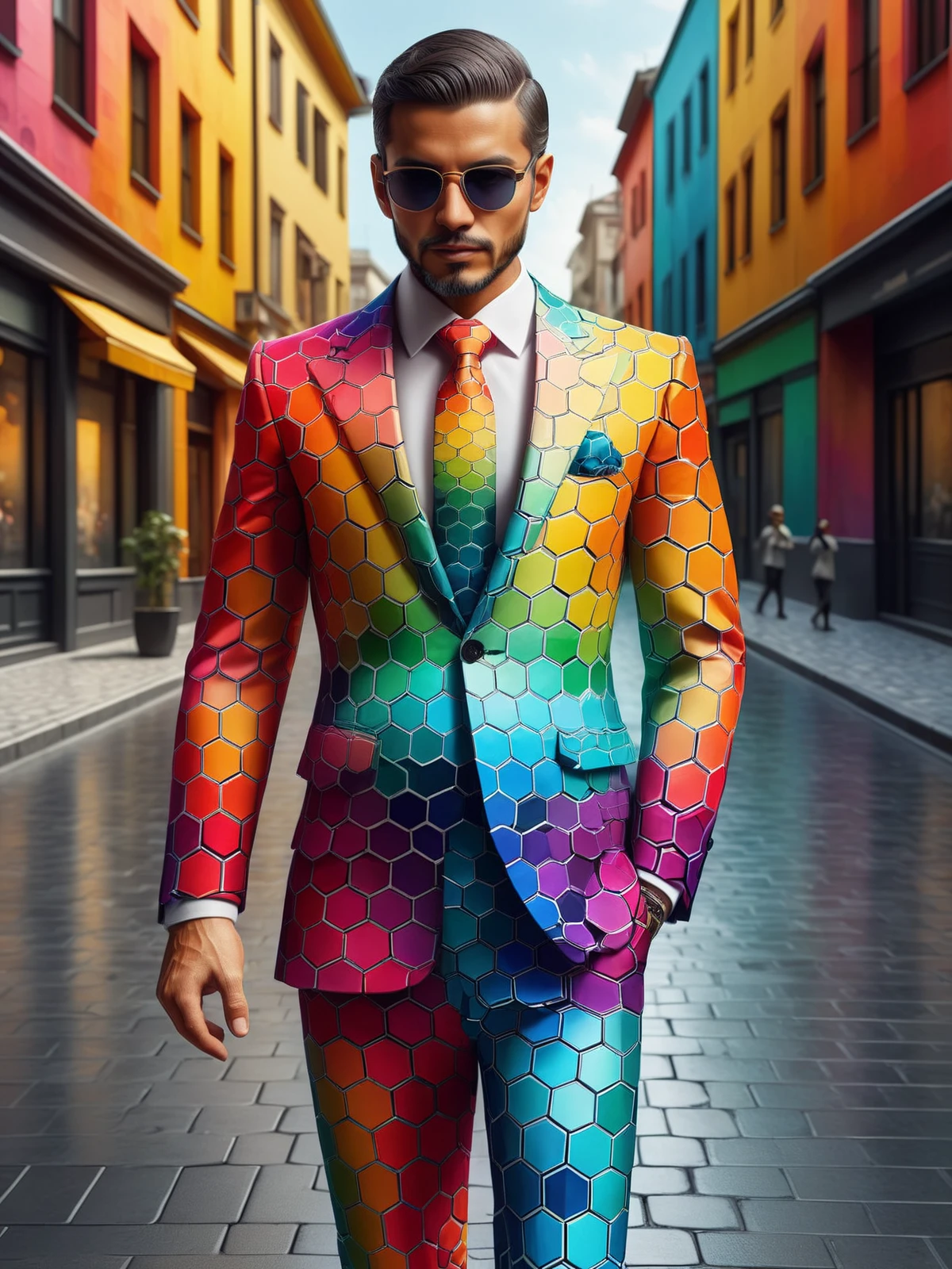 man wearing a colorful madhxg business suit walking through city, dynamic pose <lora:Colorful_Hexadons_SDXL:1>, (masterpiece:1.2), best quality, (hyperdetailed, highest detailed:1.2), high resolution textures