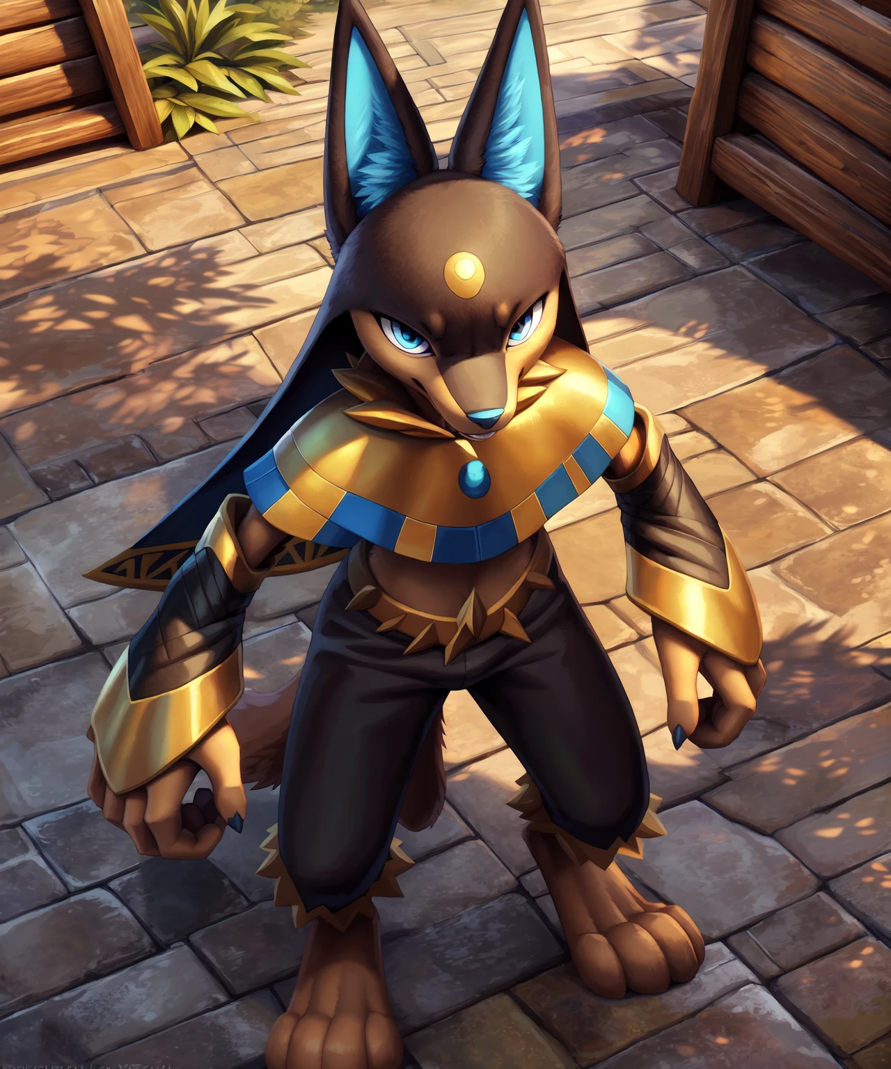 anubispal, solo,fighting pose,looking at viewer, high-angle view, teeth,full body, anthro,anubian jackal,feet,clothing,canid,anatomically correct,symmetrical, ultra realism shading,cinematic lighting,outdoors,(hdr,ambient light, Indirect light,specular lighting,Volumetric lighting,global illumination,raytracing,Lumen Reflections),Insanely Detailed,high quality,4k, hi res,digital media (artwork),by katahane3,by yamatokuroko965,by inumania, (rembrandt:1.1025), by essence of rapture, by xnirox, by kurohane karasu,by furukara, by tenebscuro, by nurinaki, by falcrus, by zackary911, by tres-art, by personalami, by blotch,by zaush, <lora:anubispal_YMv3:0.7>