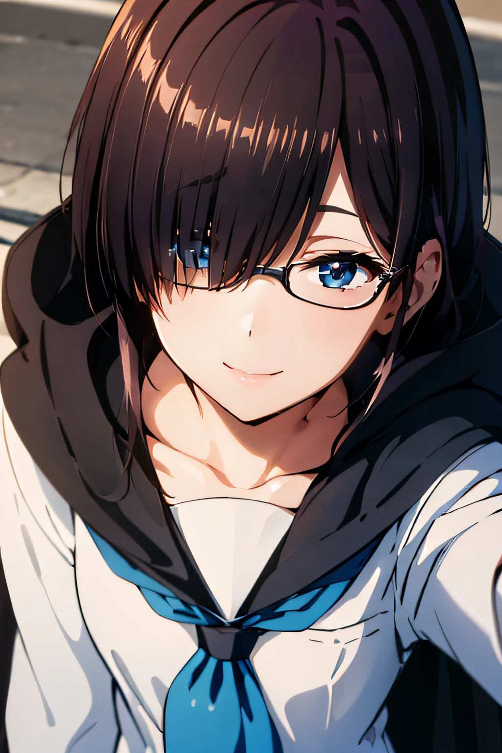 (masterpiece:1.2), best quality, high resolution, unity 8k wallpaper, (illustration), extremely detailed face, perfect lighting, extremely detailed CG, <lora:Kaho_Juumonji:0.6>, kaho, school uniform, hair over eye, serafuku, blue neckerchief, long sleeves, smile, white shirt, mature woman, simple background, (close up, upper body, frontal view:1.2, from front), small lips, looking at viewer, collarbone, cloak, hood