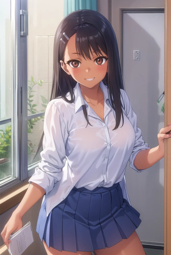 hayasenagatoro, <lora:hayase nagatoro s1s2-lora-nochekaiser:1>,
hayase nagatoro, long hair, bangs, black hair, hair ornament, (brown eyes:1.5), (hairclip:1.2), fang, dark skin, dark-skinned female, tan, smile, grin,
BREAK skirt, shirt, school uniform, white shirt, pleated skirt, nail polish, blue skirt, red nails, earclip,
BREAK indoors, classroom,
BREAK looking at viewer, (cowboy shot:1.5),
BREAK <lyco:GoodHands-beta2:1>, (masterpiece:1.2), best quality, high resolution, unity 8k wallpaper, (illustration:0.8), (beautiful detailed eyes:1.6), extremely detailed face, perfect lighting, extremely detailed CG, (perfect hands, perfect anatomy),