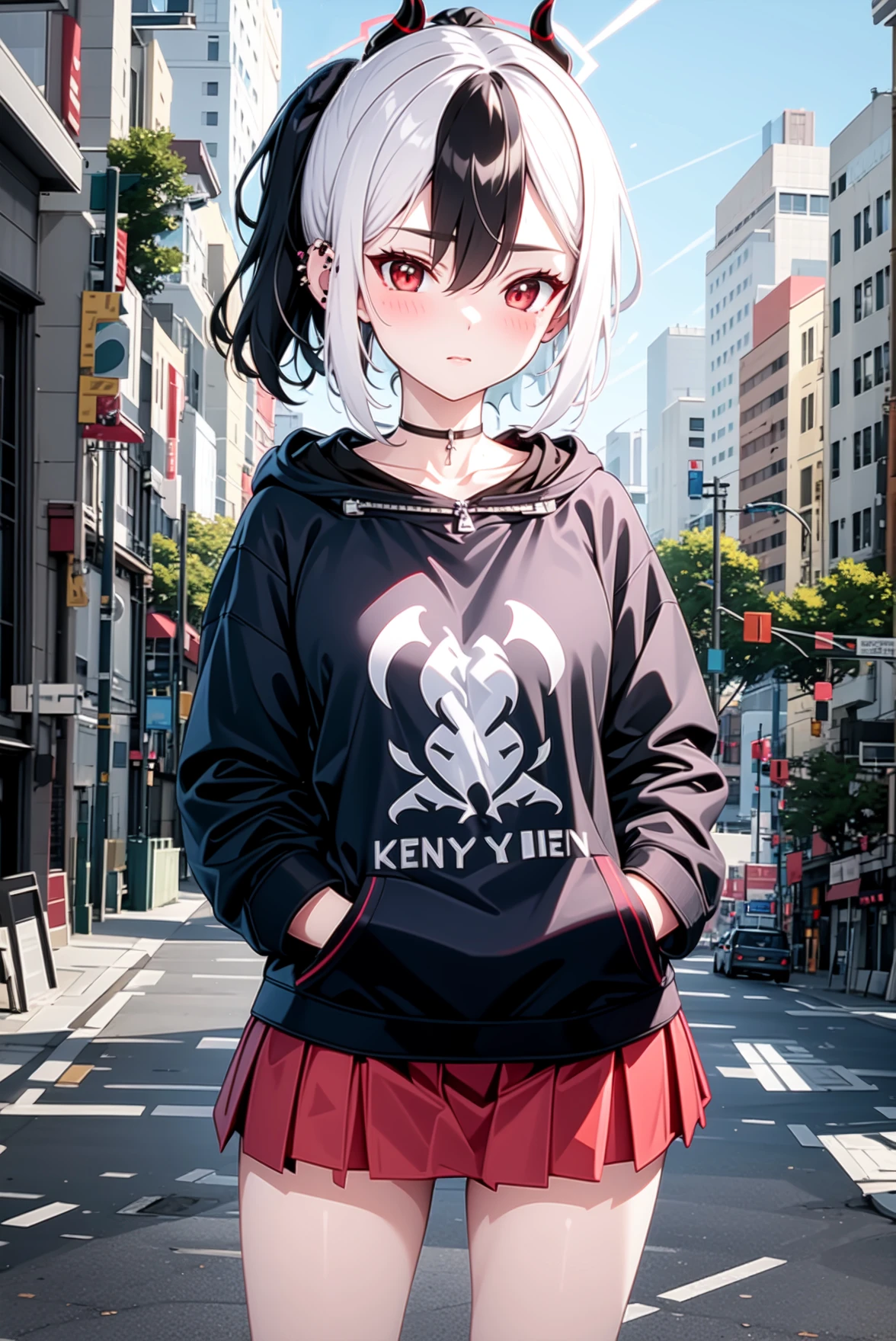 1girl, solo, (masterpiece, best quality), outdoors, street, blush, thighs, looking at viewer, cowboy shot, kayoko, red eyes, black hair, white hair, hair between eyes, multicolored hair, two-tone hair, black ponytail, ear piercing, demon horns, halo, horns, wings, low wings, single wing, two-tone hair, choker, black hoodie, mini skirt, pleated skirt, red skirt, hand on pocket