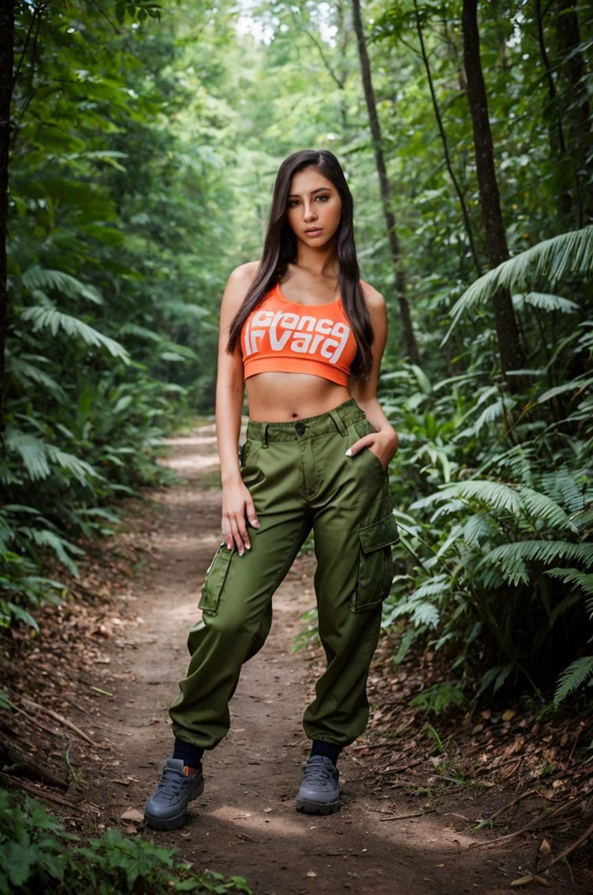 A stunning intricate full color picture of a beautiful woman, cargo pants with a fitted tee in a forest trail, portait, epic character composition,by ilya kuvshinov, alessio albi, nina masic,sharp focus, subsurface scattering, f2, 35mm, film grain, latina <lora:giannd:1>