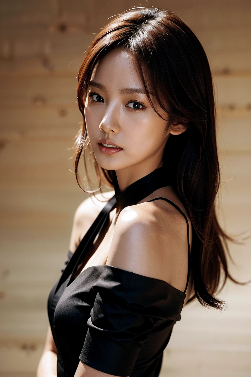 Best quality, masterpiece, ultra high res, (photorealistic), raw photo,1girl, upper body,solo, realistic, lips, looking at viewer, teeth, long hair, parted lips, brown hair, simple background, brown eyes, black dress, <lora:makina69_hyori_v1.0:1>