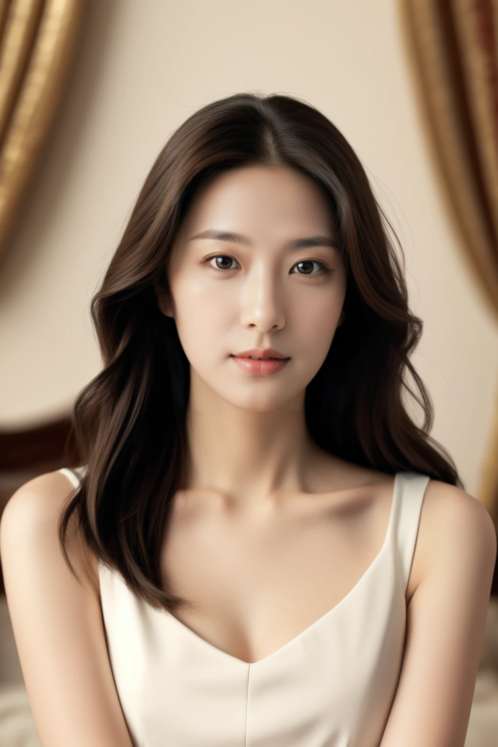 (masterpiece:1.35), (best-quality:1.4), 8k, ultra-detailed, photography, (ultra-realistic:1.4), 1girl, (portrait), (in love, in love expression:0.7), looking at viewer, (brown eyes:1.2), (long hair), deep v dress, room, (balanced photo, balanced exposure:1.2), <lora:clarityAndTuningSkin_v3-LCM:0.7>