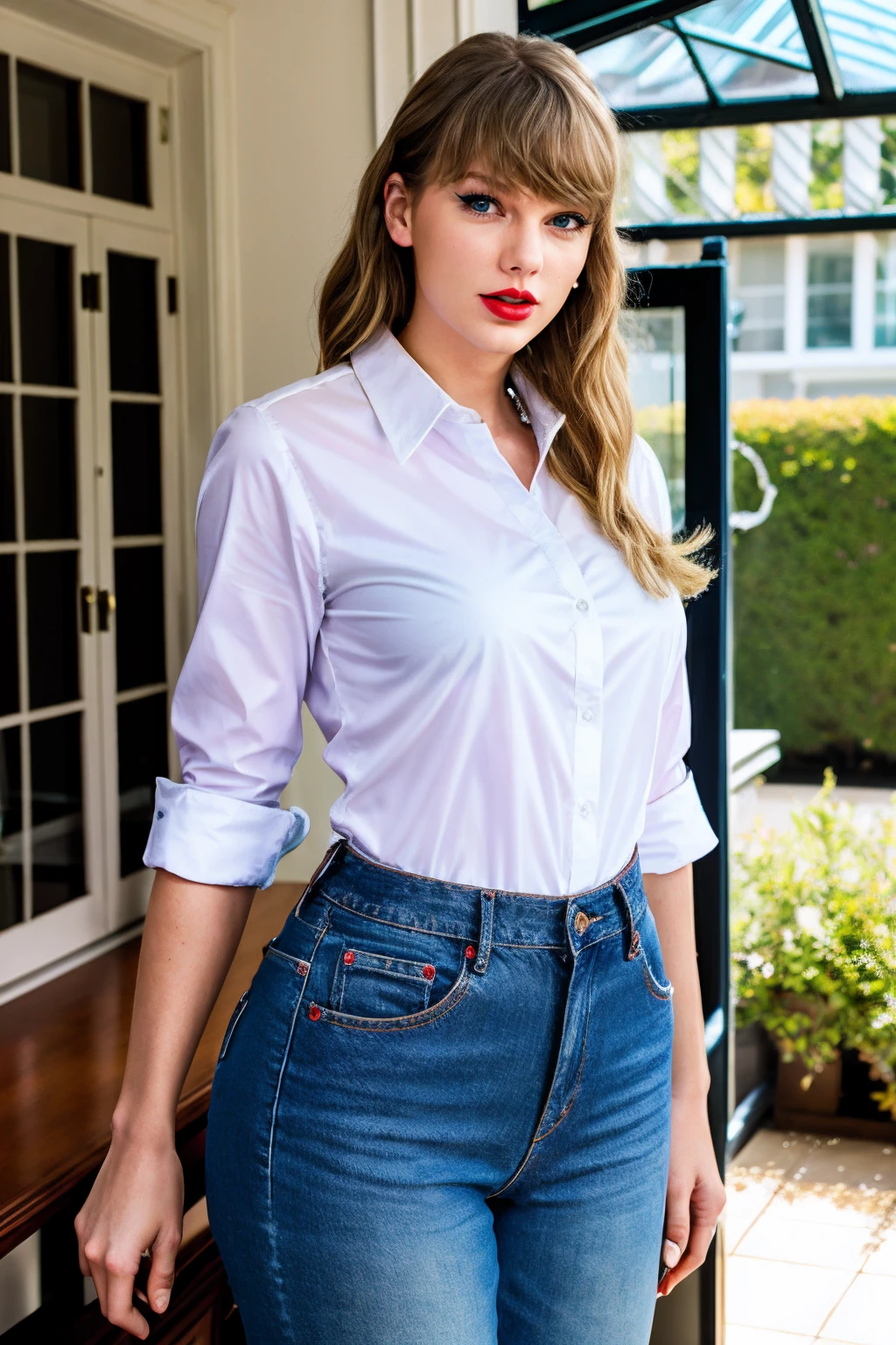 taylorswift, a woman wearing shirt and jeans, conservatory, (rim lighting:0.5), lipstick <lora:taylorswift:1>