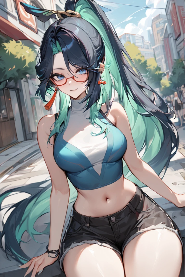 masterpiece, best quality, ultra detailed, BREAK
1girl, solo, female, xianyunexp, blue eyes, multicolored hair, ponytail, hair ornament, glasses, earrings,
crop top, sleeveless, navel, shorts, thighs, outdoors, buildings, street, trees,, light smile, outdoors, looking at viewer, cowboy shot, colorful, vivid, <lora:Xianyun_XL-000008:0.8>