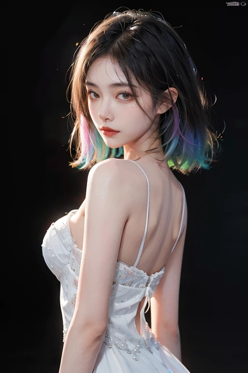 Cinema Lighting、(Key Light:Front 45 degree angle, Subsidy Light、Backlight、Shadow、Blue and orange color palette), Accurate human body、Knowledgeable person、Correct five-finger、RAW Photos、 4K - ultra-vivid、Highest quality, masterpiece, Ultra-high resolution,
(((Oilskin,Glowing Skin、Realistic skin texture、Beautiful skin in every detail、Shiny skin、Shiny skin)))、
Upper Body Shot, Low camera angle, Written boundary depth, Focus on the center, Beautiful Eyes, Perfect face and eyes、
jirai makeup girl、Hotel、Straight long hair with black hair、Shining neon lights、ガールズBar clerk、Bar clerk、Serve alcohol、The interior is equipped with neon lights and UV black lights..、cyber- 、A white T-shirt that glows under black light、Big and ample breasts、Big cleavage、Hot pants in satin fabric、The inside of the store looks like a spaceship.,((multicolored hair colors:1.3)),(Very short bob hair:1.2),(((Completely naked))),(((nsfw)))
