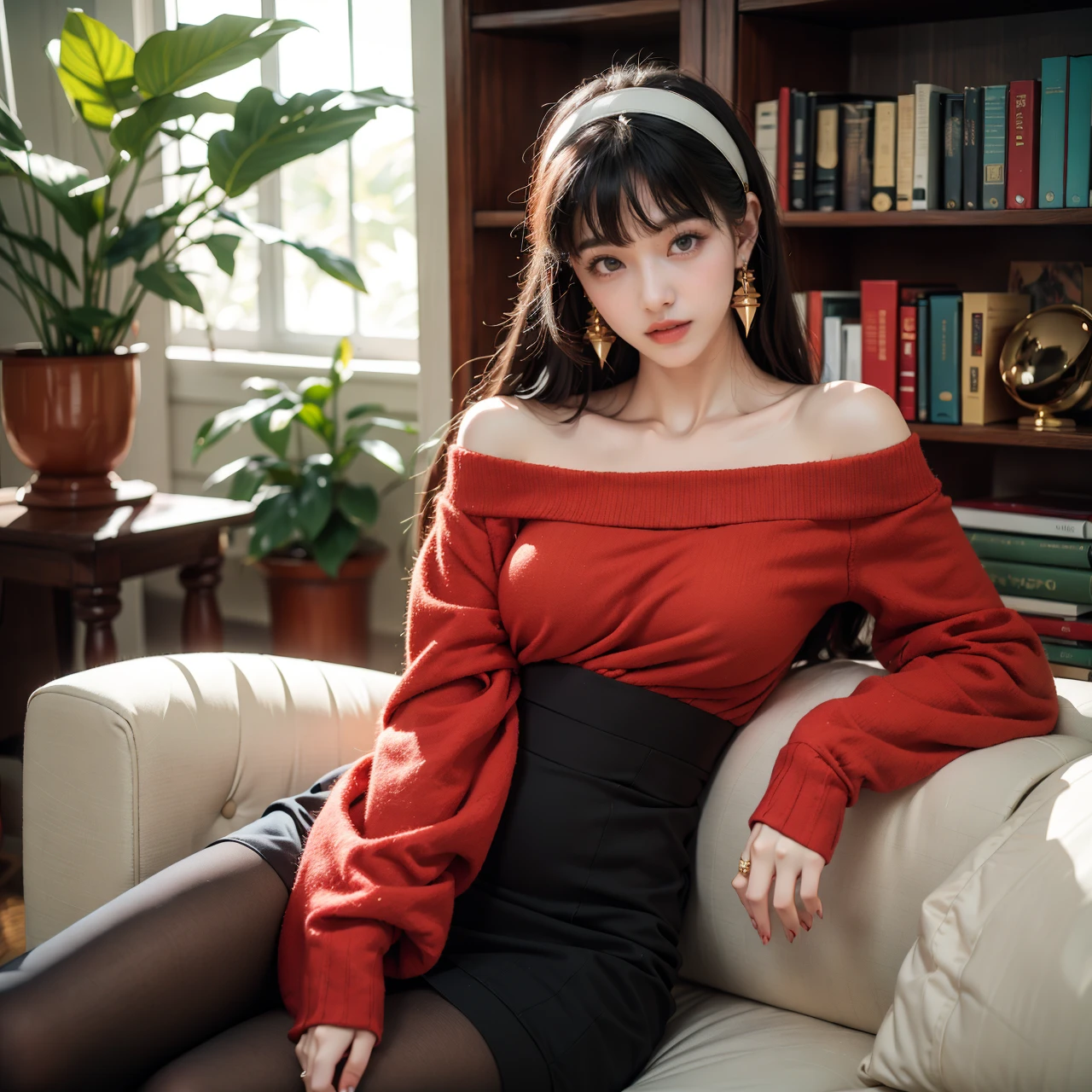 yor briar,1girl,bangs,black pantyhose,book,bookshelf,breasts,cleavage,coffee,coffee mug,cup,earrings,gold earrings,gold hairband,hairband,jewelry,long hair,long sleeves,looking at viewer,medium breasts,mug,off-shoulder sweater,off shoulder,out of frame,pantyhose,plant,red eyes,red sweater,smile,solo,sweater,white hairband,window,
Best quality,masterpiece,ultra high res,<lora:GoodHands-beta2:1>,<lora:å©å¸ç¬äº«-å¨å¨çå¿«ä¹_夫åå¿«æ¥å:0.5>,<lora:yorBriarSpyFamily_lykonV1:0.8>,yor briar, delicate, glowing rich colors, fine detail, complex, exquisite detailed, professional composition, ambient