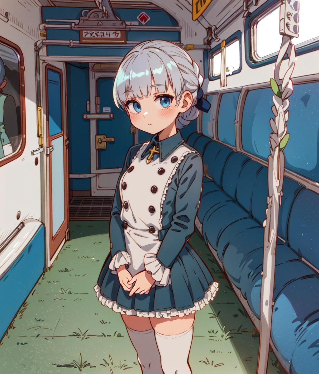 anime screencap, 1 girl, solo, grey hair, hair up, braid, ribbon, light blue eyes, blue outfit, thighhighs, shademc, shademon, full body, front view, standing, cowboy shot, indoors, train interior, wagon <lora:Alice Elliot:1>, masterpiece, high res, detailed face, detailed eyes,