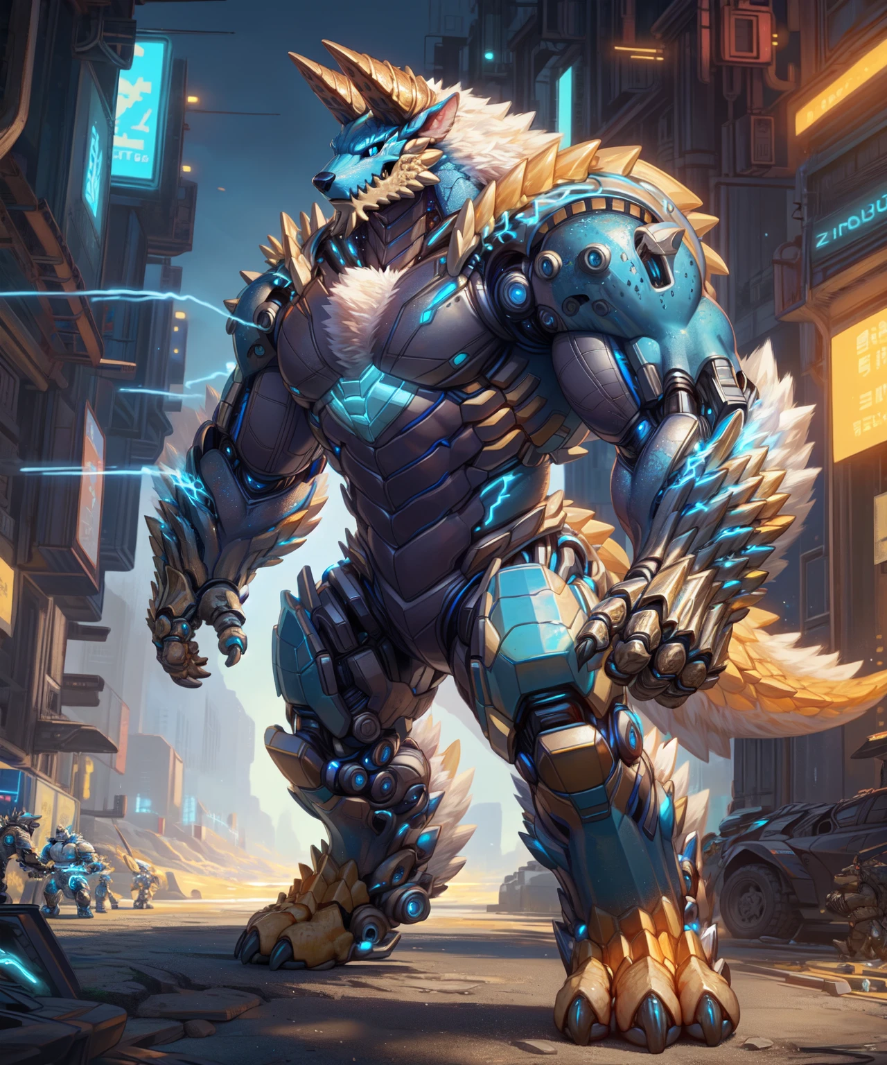 anthro,(zinogre:1.2),tail,((full body,blue eyes, blue body, white furry, yellow hand, yellow feet, blue face,4TOES,TAILS )),((horns)),muscular,
full body,
(by null-ghost,by raccoon21,masterpiece,high quality), <lora:zinogre-000018:1>,night ,city,((mecha, cyberpunk, robot,)) ,armor, machinery, electricity,