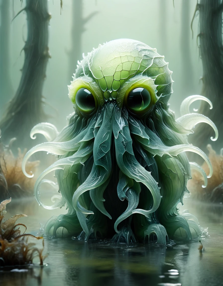 A cute colorful fluffy cthulhu, wildlife photography, in a ral-milkyglass swamp, 4K UHD, 8K UHD, High-definition, capturing, made of ral-milkyglass <lora:ral-milkyglass-sdxl:1>