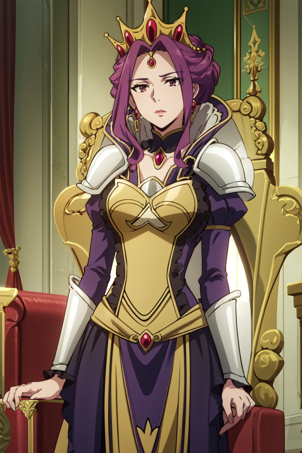 <lora:anime_screencap_v2:0.3> tall body, tall, long legs, mature female, mature, adult, <lora:GoodHands-beta2:1.4>,
 <lora:eft_shield_queen:0.85> EFT_Shield_Queen, 1girl, jewelry, purple hair, solo, purple eyes, earrings, crown, throne, long hair, armor, dress, upper body, single hair bun, sitting, gem, hair bun