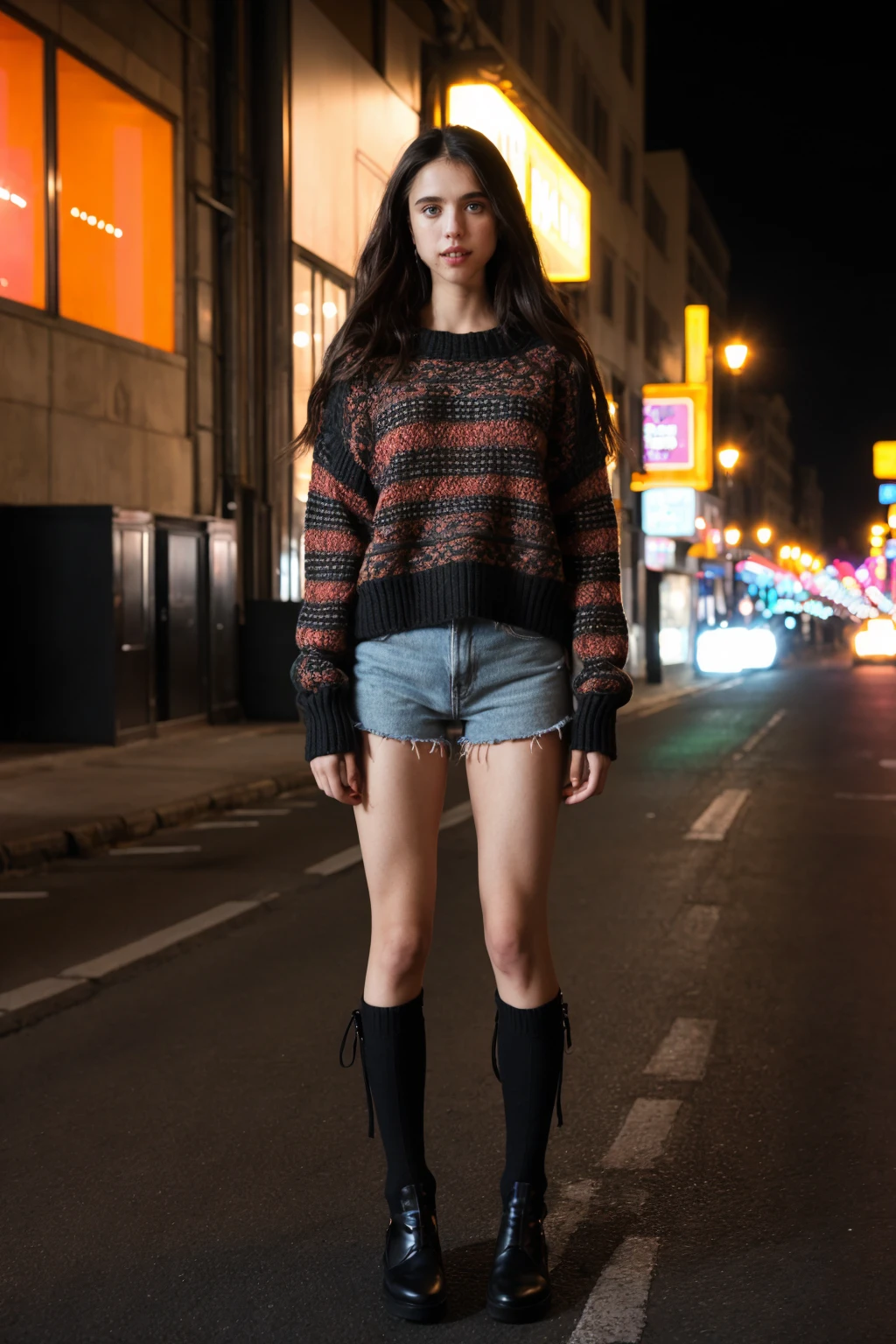 marqual,black long hair,full body shot,city street background,sweater,masterpiece,bokeh,dof,highly detailed,night,neon lights