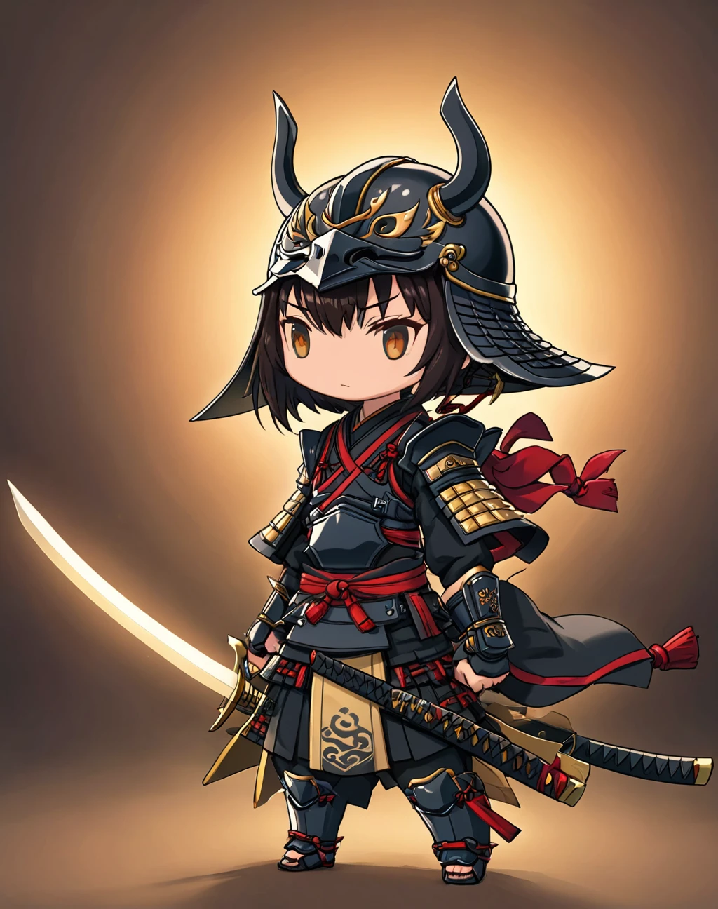 <lora:Hyung-Tae_Chibi_style_-_XL:1> KChibi, (masterpiece), best quality, highres, 4k, 8k, amazing quality, amazing shading, soft lighting, halfling, (samurai:1.25), full body, wearing samurai armor, wearing a kabuto, (samurai helmet)