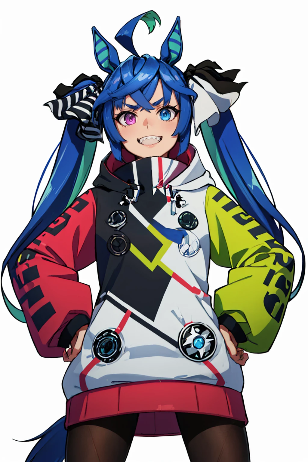 (masterpiece, best quality:1.2), solo, 1girl, twinturbo, sharp teeth, smile, looking at viewer, hands on hips, ahoge, twintails, hair ribbon, horse ears, heterochromia, v-shaped eyebrows, hoodie, hood down, long sleeves, pantyhose, horse tail <lora:umamusume_twinturbo:1>