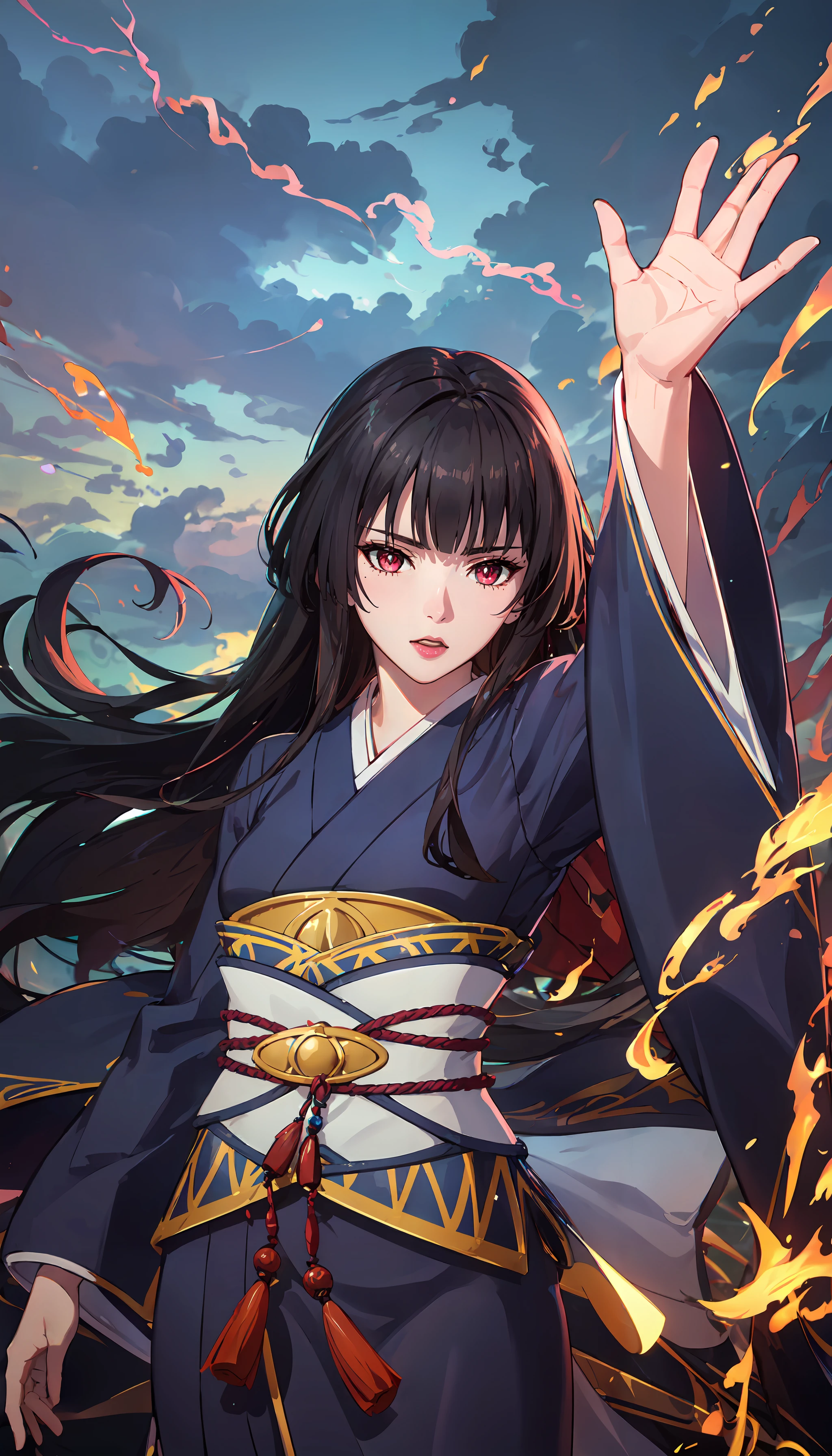 photorealistic, (4k), depth of field, (Masterpiece), (realistic skin texture), extremely detailed, intricate, hyper detailed, professional photography, bokeh, high resolution, sharp detail, best quality, woman, red eyes, long hair, black hair, straight hair, (purple kimono) , <lora:GoodHands-beta2:1> , <lora:detail_slider_v4:0.8> , dynamic pose, (twirling pose),   <lora:Glass-000004:0.8> , outdoors, colorful sky, storm clouds, hair down,