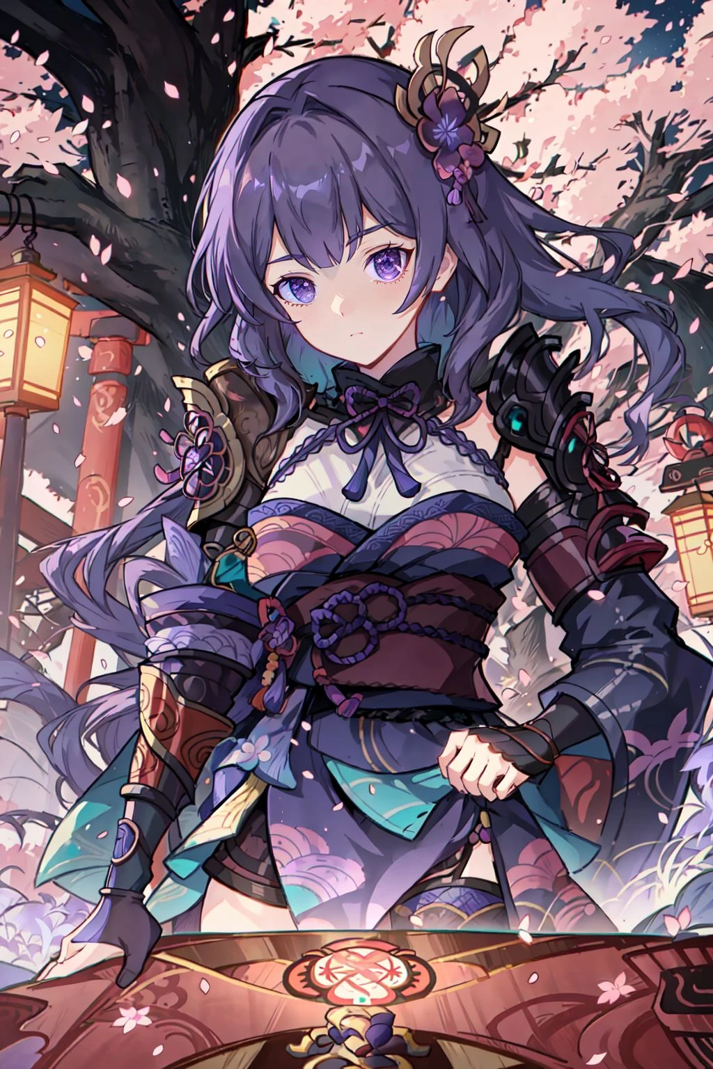 Tarot Card Style, Hoyoearth, raiden shogun, purple eyes, black thighhighs, bridal gauntlets, hair ornament,   cherry blossoms, coattails, armor, floral print, japanese clothes, kimono, long sleeves,   mitsudomoe (shape), purple flower, purple kimono, purple thighhighs, ribbon,    sash, shoulder armor, tassel, tomoe (symbol), torii, wide sleeves, a large circle of a person above a tree in an image, in the style of vibrant fantasy landscapes, teal and bronze, energy-filled illustrations, hikecore, sublime wilderness, poster art, i can't believe how beautiful this is, very detailed, cinematic angle, ultra sharp, rembrandt lighting, side lighting, cinematic shading, cinematic lighting, foreshortening, detailed background, masterpiece, best quality , official art ,  <lora:hoyoverse_SD15:0.8>