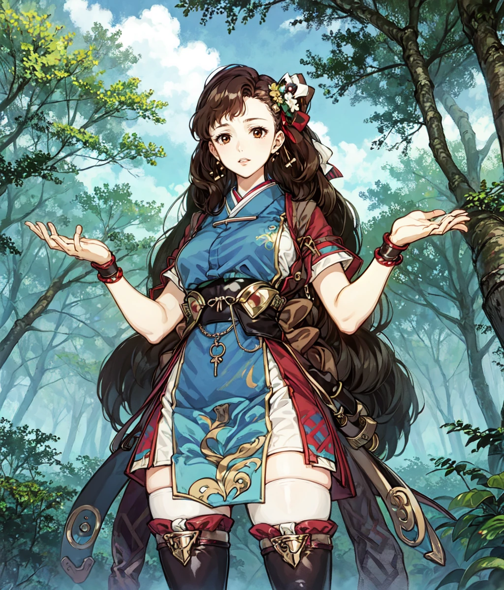 anime screencap, 1 girl, solo, long hair, brown brown hair, curly hair, thighhighs, japanese clothes, blue outfit, bracelts, standing, outdoors, forest, cowboy shot <lora:Benitsuki:1>