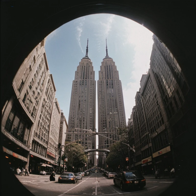 new york, twin towers, <lora:Fisheye-8mmlens:0.4>, fisheye8mmv1beta, lens, epiCPhoto, film grain, vintage