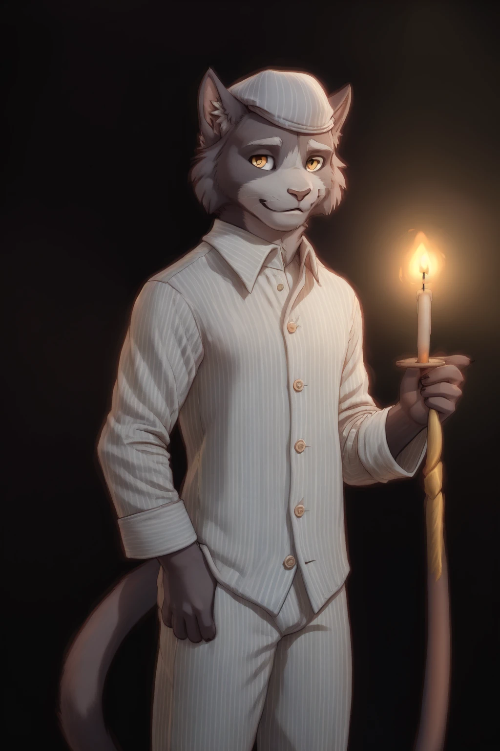 <lora:tate-05:1>, tate, solo, amber eyes, cat tail, (posing:1.3), (soft shading), 4k, hi res, ((detailed face, detailed)), by zackarry911, by zaush, (by personalami:0.5), looking at viewer, smile, short hair, simple background, shirt, long sleeves, 1boy, hat, closed mouth, standing, male focus, cowboy shot, striped, collared shirt, pants, hand up, :3, buttons, fire, black background, vertical stripes, pom pom (clothes), striped shirt, pajamas, candle, dark, pinstripe pattern, nightcap, striped pants, candlelight