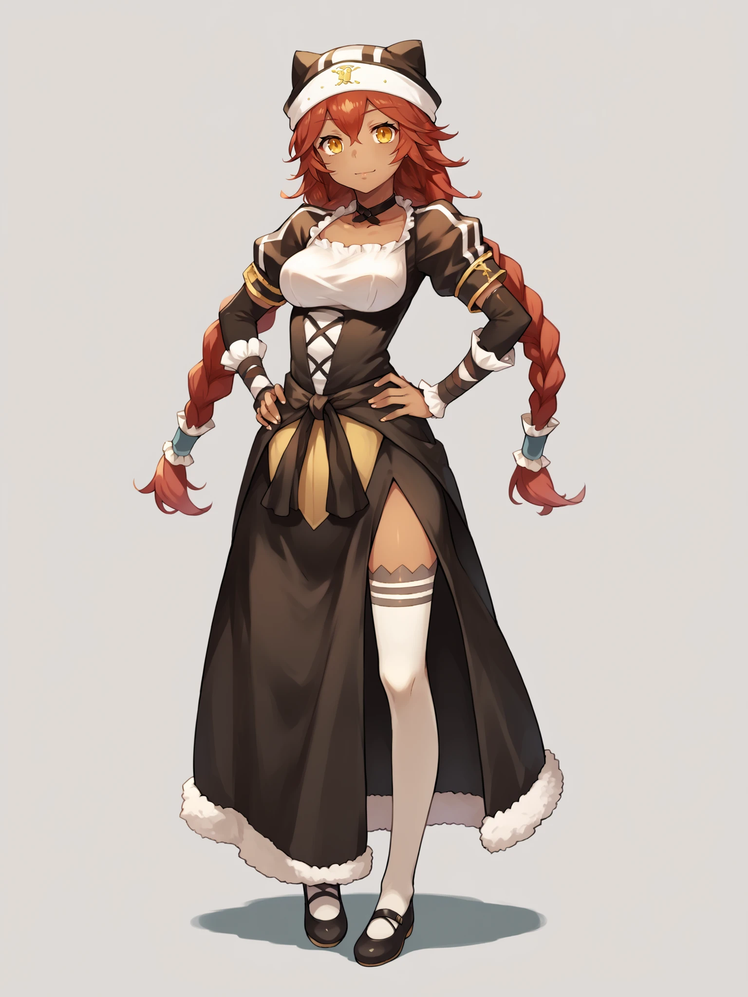 score_9, score_8_up, score_7_up, score_6_up, score_5_up, score_4_up, BREAK, source_cartoon, source_anime, 1girl, solo, lupusregina, red hair, long hair, twin braids, yellow eyes, dark skin, choker, dress, hat, white thighhighs, full body, hands on hips, looking at viewer, simple background <lora:LupusReginaXL:1>