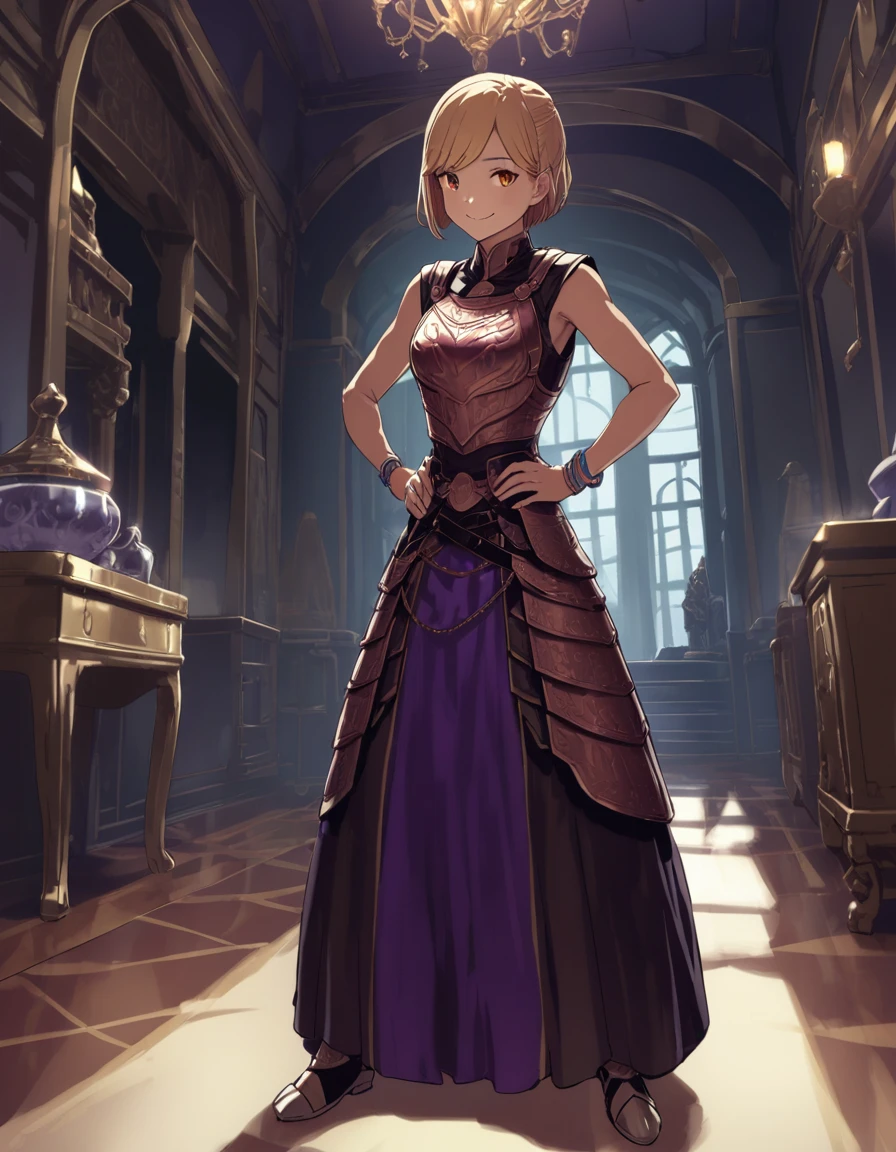 oldest,1girl,ameliamaid,solo,very short hair,blonde hair,standing,hands on hips,naughty smile,full body,armor,dress,jewelry,bracelet,sleeveless,indoors,in palace,by cuboon,by wada_sachiko, <lora:AmeliaMaidXL:0.85>