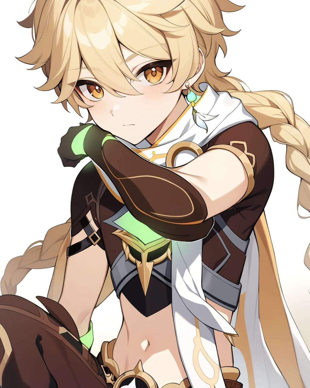masterpiece,best quality,<lora:aether:1>,1boy, aether \(genshin impact\), male focus, gloves, solo, jewelry, earrings, single earring, navel, scarf, pants, white background, brown gloves, cape, white cape, looking at viewer, white scarf, midriff, closed mouth, short sleeves