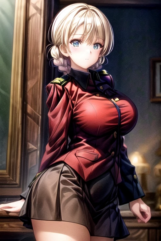 High resolution, Hellsing Ultimate art style, Seras Victoria, 1girl, ((bimbo))), short blond hair, red eyes, puffy lips, thick lips, wide hips, thick thighs, enormous round fake breast, huge ass, cute smile face, girlfriend, blushing, tight police uniform, breasts squeezed together, close up,