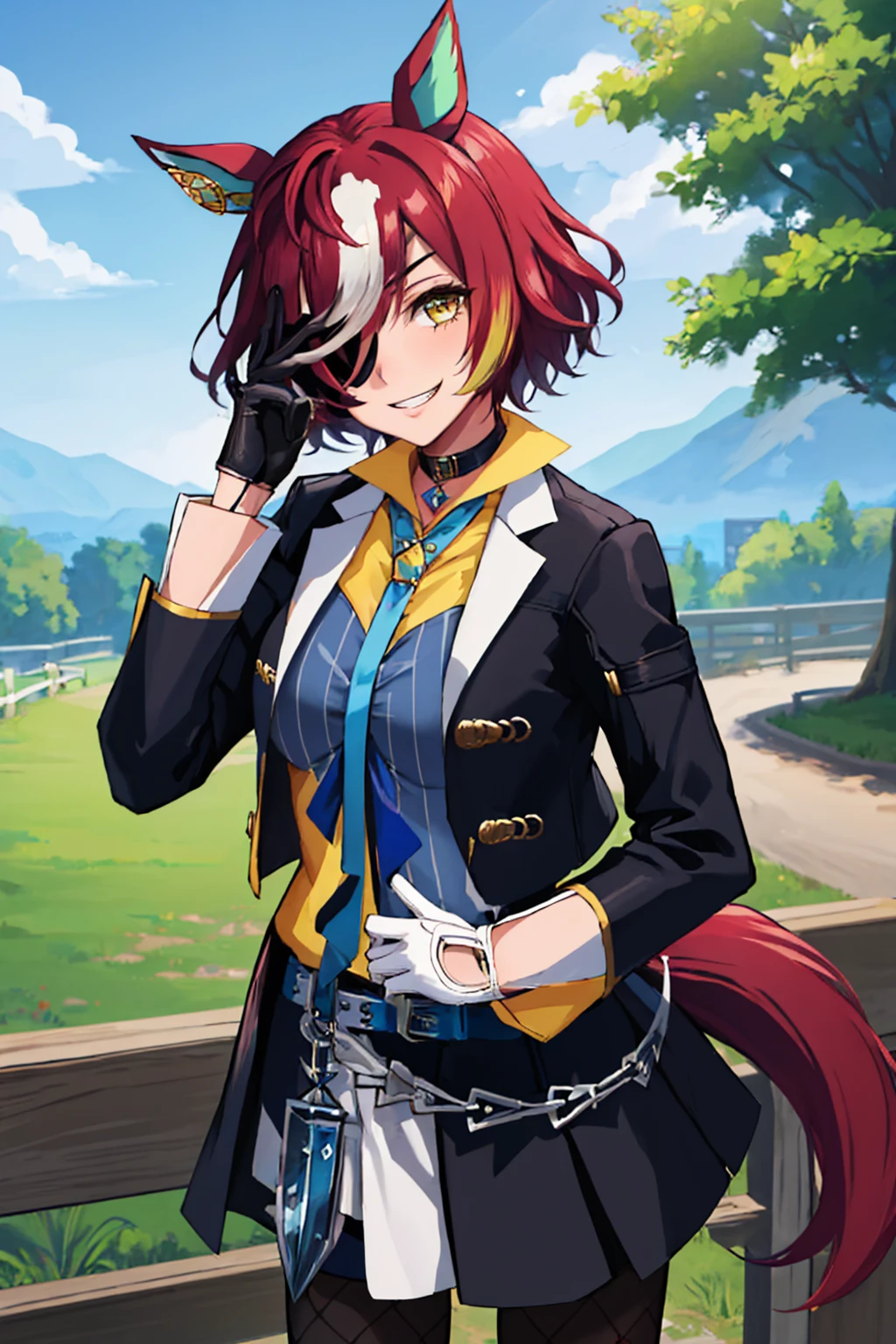 (masterpiece, best quality:1.2), solo, 1girl, tanino gimlet, grin, looking at viewer, hand on own face, hair over one eye, horse ears, eyepatch, black jacket, yellow shirt, necktie, mismatched gloves, black gloves, white gloves, skirt, fishnet pantyhose, horse tail, outdoors <lora:umamusume_taninogimlet-10:1>