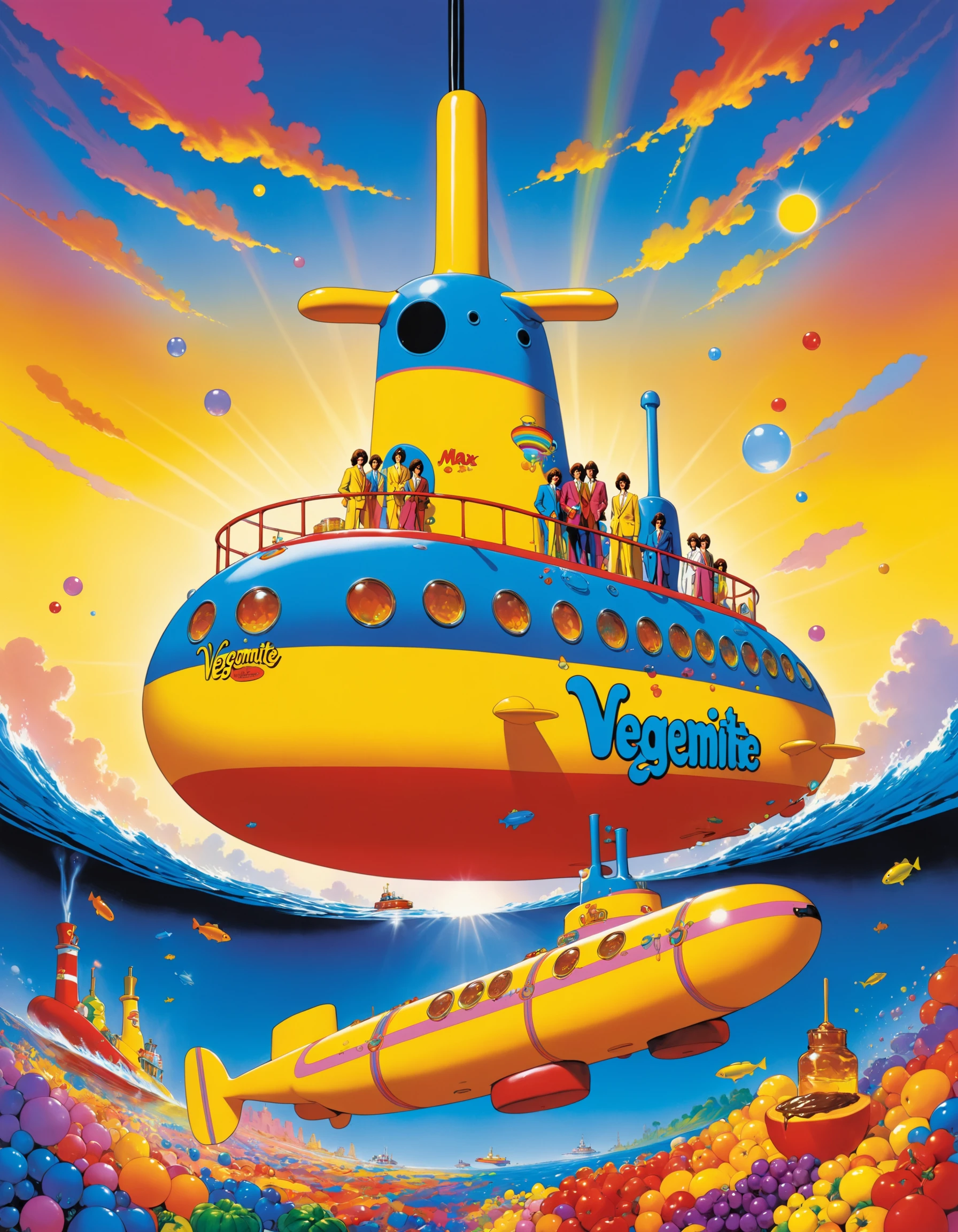 Beatles album cover by Peter Max, Surrealism, Pop Art, Jars of Vegemite on a Yellow Submarine, cinematic lighting, cinematic angle, masterpiece, best quality