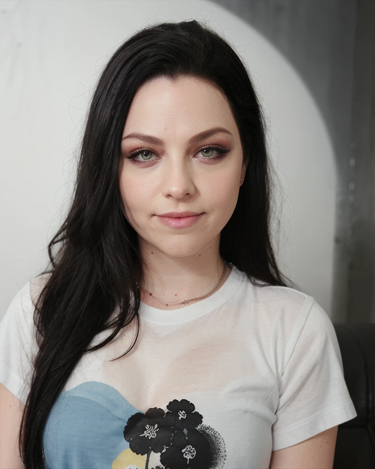 lynnlee, a woman, modern clothes, T-shirt, simple background, dimples, portrait headshot, makeup, ((black eyeshadow))
