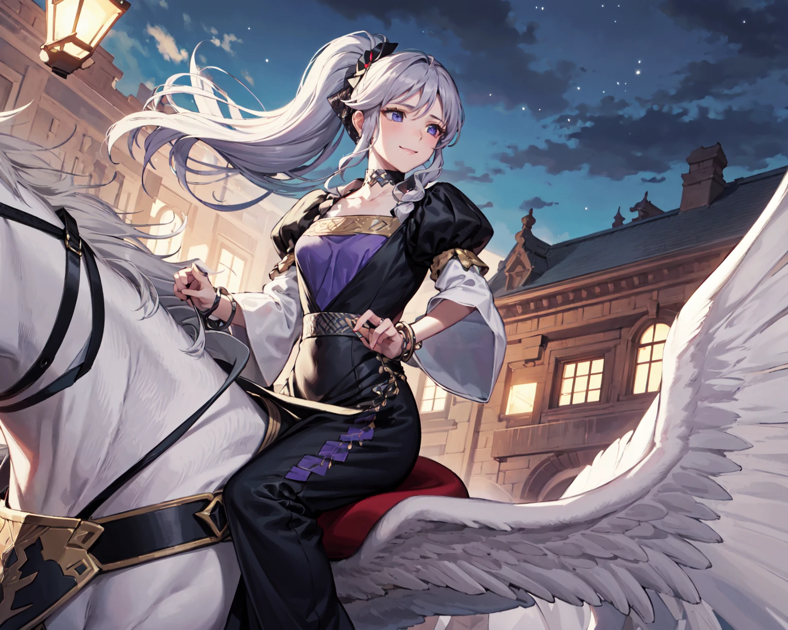 from below,<lora:riding_pegasus:1>,riding_pegasus,<lora:ishtarV1:0.9>,soi_ishtar,flying,bracelet,smile, jewelry, black long dress,black wide sleeves, collarbone, puffy long sleeves, choker,necklace, frills,outdoors,night,town,(masterpiece, best quality, ultra-detailed, best shadow)