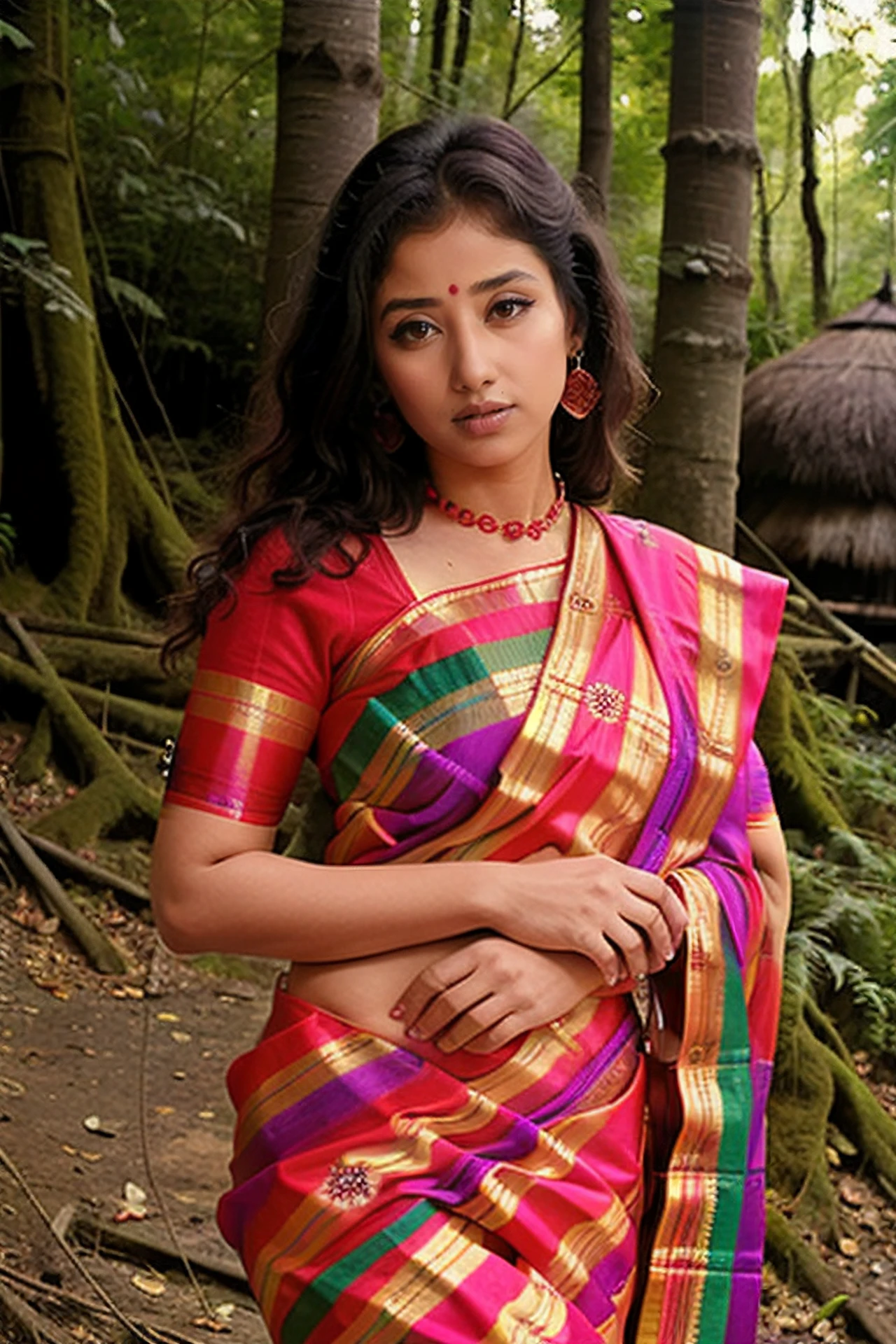 high quality fashion photography, photo of a koir woman wearing colorful high-neck Bomkai Saree (Odisha traditional saree), looking at camera, anatomically correct, mushroom forest background <lora:koir_Manisha_Koirala_SD15_LoRA_AdamW_local_20imgs:0.8>