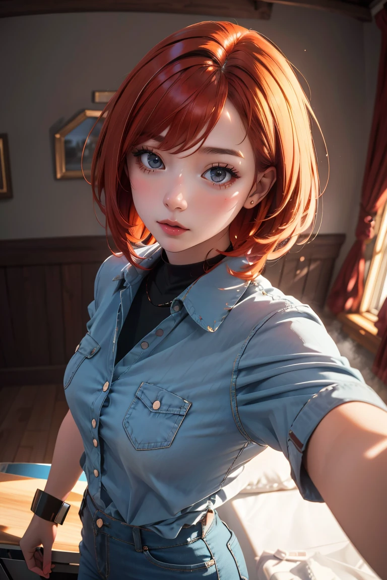 masterpiece, best quality,Ray tracing, hdr, volumetric lighting,
1girl, red hair,  
 <lora:Selfie_FefaAIart:1>, selfie, 
<lora:From_Below_FefaAIart:0.8>, from below, low angle shot,