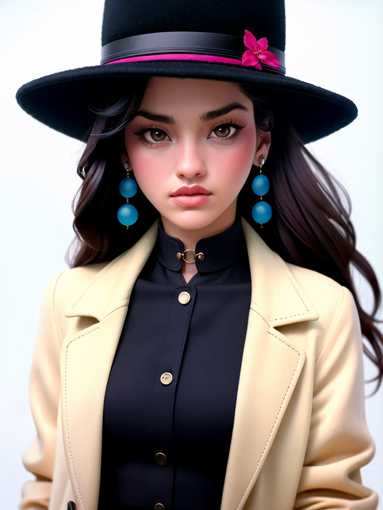 Realistic photo of a beautiful j4n1c3d woman, 1girl,solo,looking at viewer,shirt,hat,white background,jewelry,jacket,earrings,bag,collar,bracelet,black headwear,makeup,traditional media,multicolored clothes,soft lighting, professional Photography, Photorealistic, detailed, RAW, analog, sharp focus, 8k, HD, high quality, masterpiece<lora:j4n1c3d:1.0>