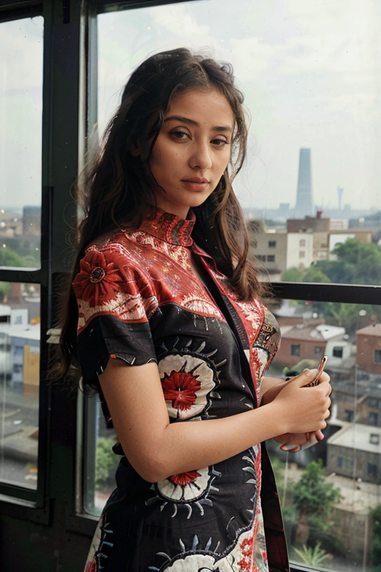 high quality fashion photography, photo of a koir woman wearing intricate high-neck Kalamkari Dress (hand-painted fabric), looking at camera, anatomically correct, space elevator background <lora:koir_Manisha_Koirala_SD15_LoRA_AdamW_local_20imgs:0.8>