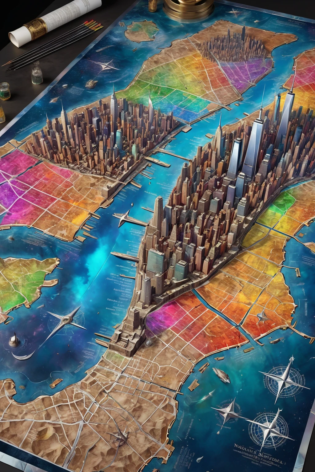 top view of a holographic magical New York City map, torn and worn, map looks to be floating off the paper, sitting on a wizard's desk, magical multicolored ink, high quality, imagination, 8k, fantasy art, vivid magical colors, style-paintmagic